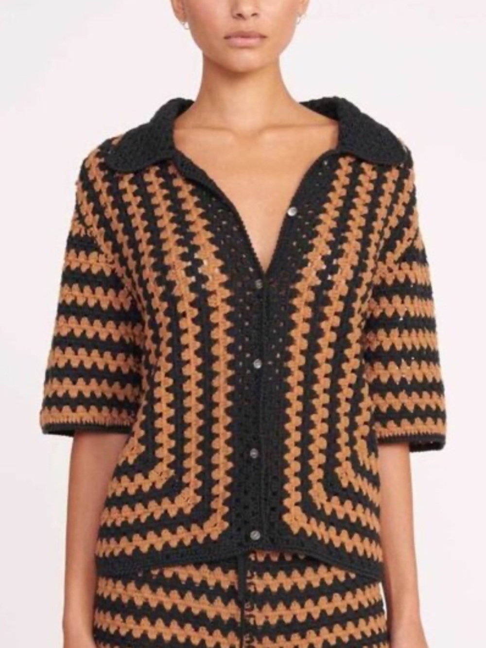 STAUD Black and Tan Striped Crochet Short-Sleeve Cardigan